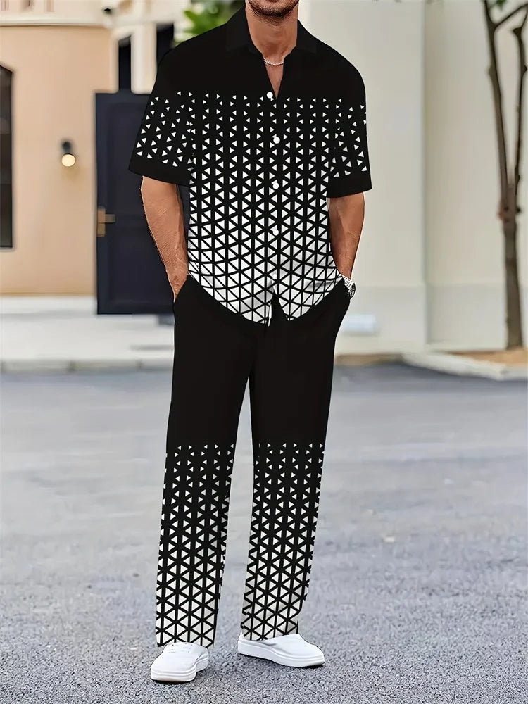 Striped 3D Print Lapel Shirt Set