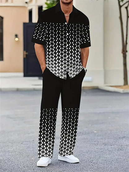 Striped 3D Print Lapel Shirt Set