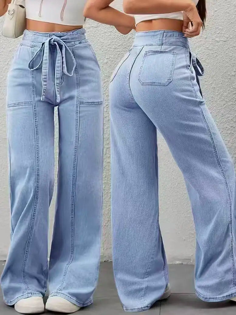 Belted Patch-Pocket Wide-Leg Jeans