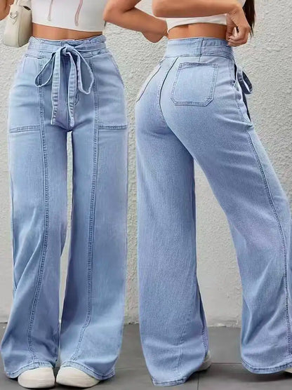 Belted Patch-Pocket Wide-Leg Jeans