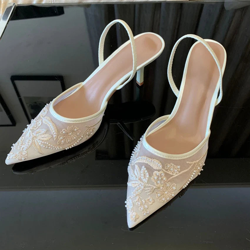 White Embroidered Slingbacks