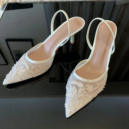 White Embroidered Slingbacks