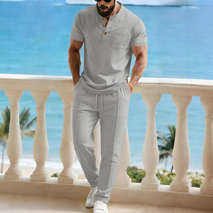 Waffle Henley Stand-Collar Pants Set