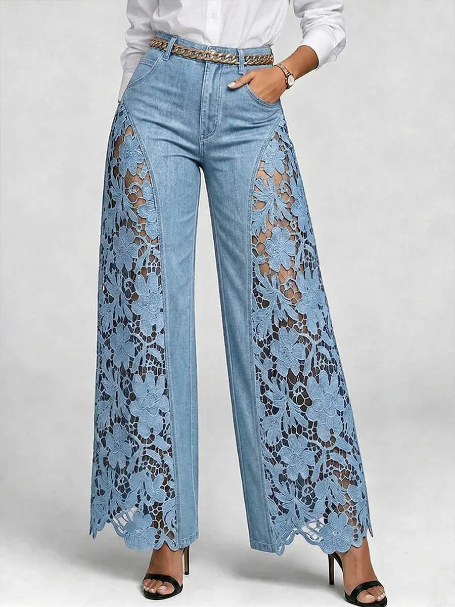 Lace Hollow-Out Wide-Leg Jeans