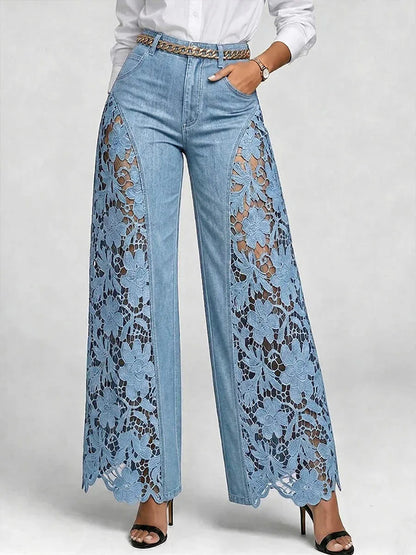 Lace Hollow-Out Wide-Leg Jeans