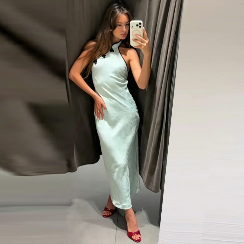Satin Halter Qipao Maxi Dress