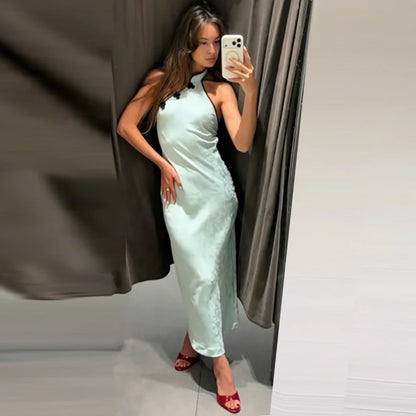 Satin Halter Qipao Maxi Dress