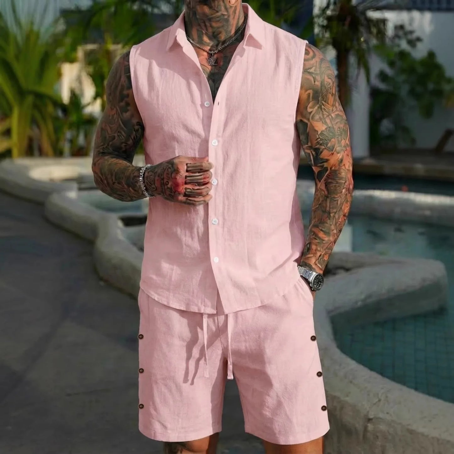 Linen Shirt Shorts Set