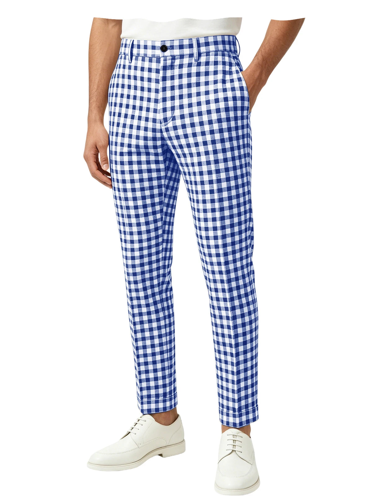 Blue White Checkered Slim Trousers