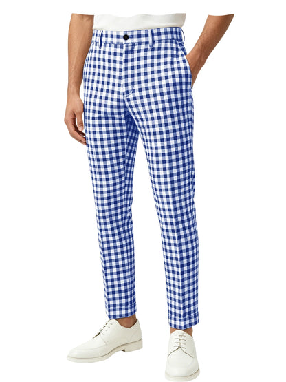 Blue White Checkered Slim Trousers