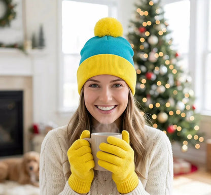 Cuffed Pom Beanie and Gloves Set