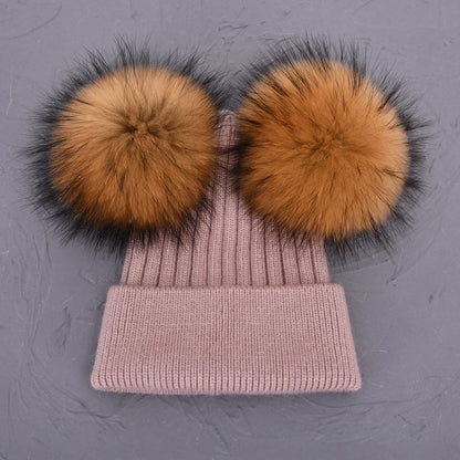 Double Fur Pompom Beanie