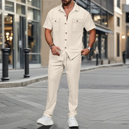 Waffle Button Shirt Trousers Set