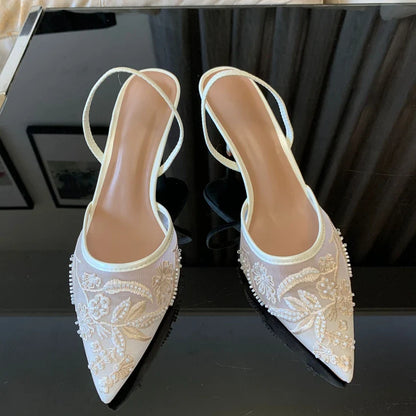 White Embroidered Slingbacks