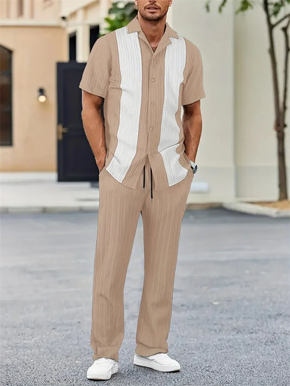 Striped 3D Print Lapel Shirt Set