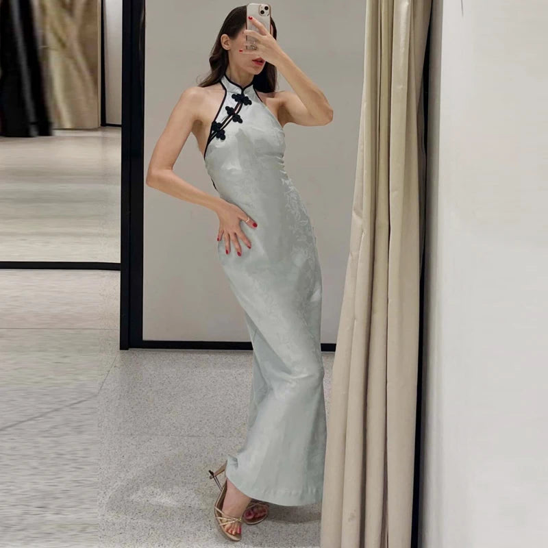 Satin Halter Qipao Maxi Dress