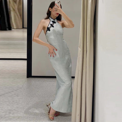 Satin Halter Qipao Maxi Dress