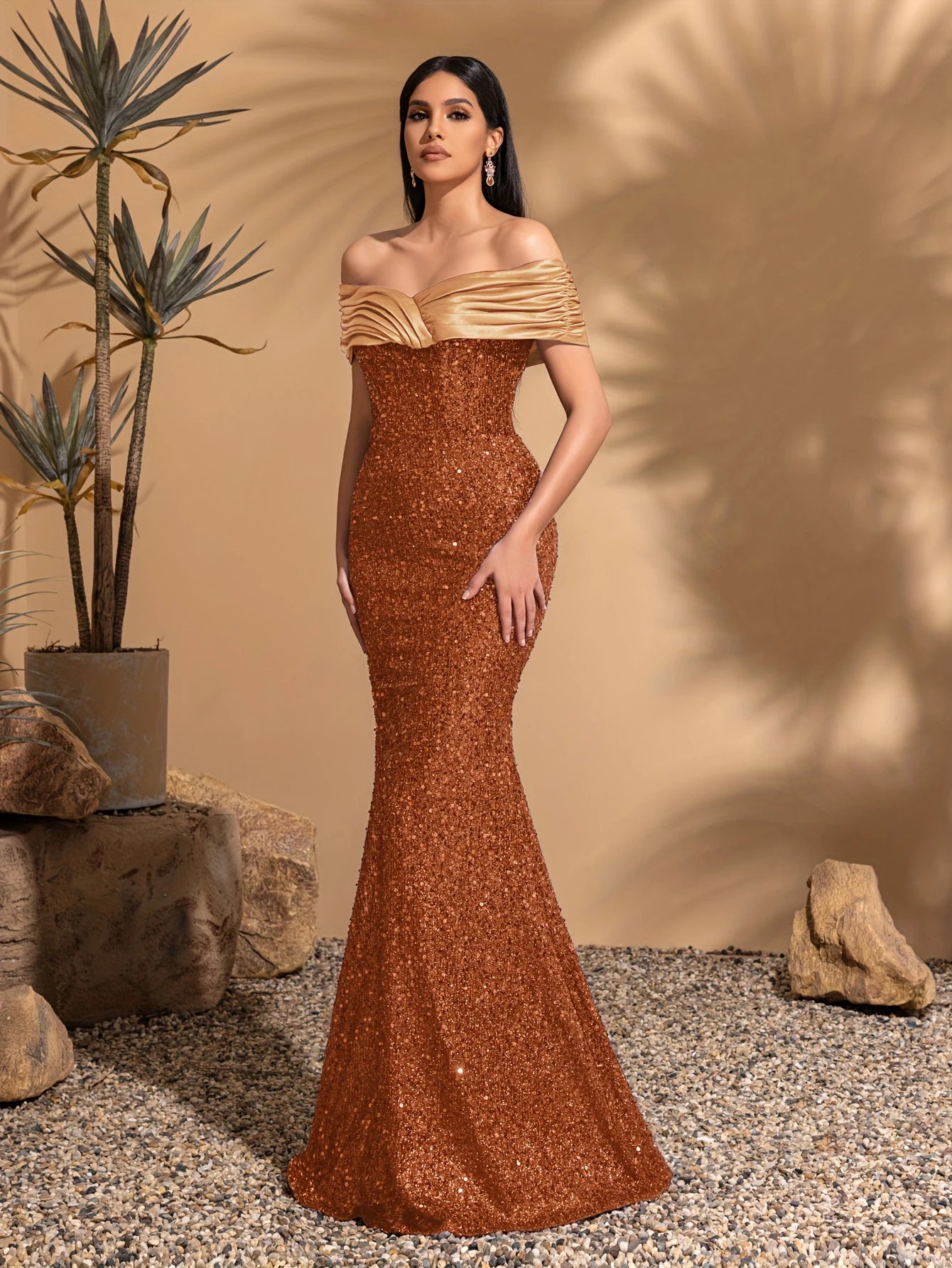 Off-The-Shoulder Pleated Hip-Hugging Dress