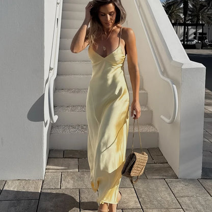 Satin V-Neck Backless Maxi Dress
