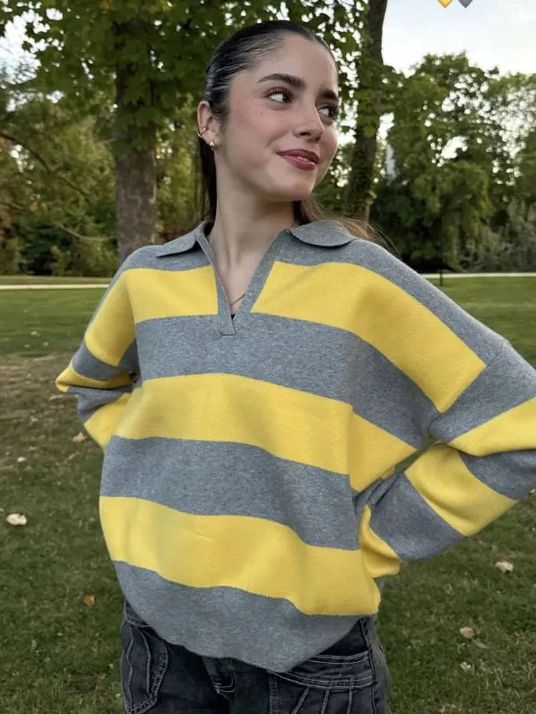 Striped Collared Knit Sweater