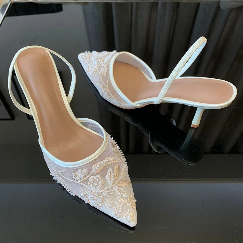 White Embroidered Slingbacks