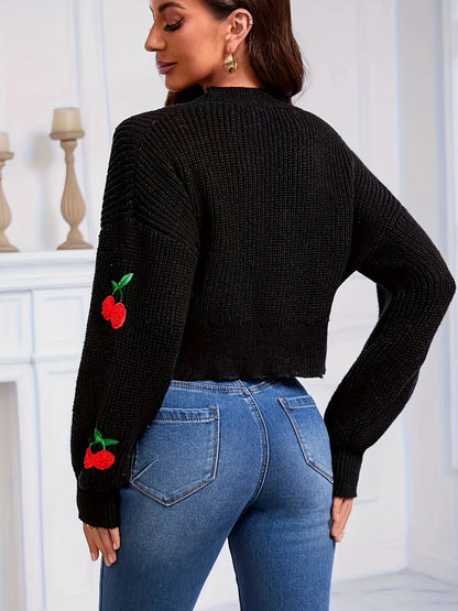 Cherry Embroidered V-Neck Cardigan