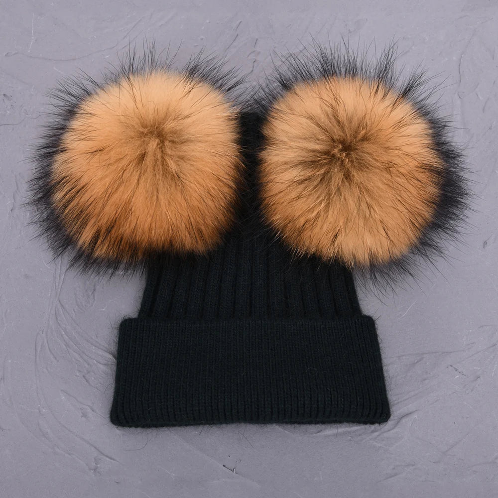Double Fur Pompom Beanie
