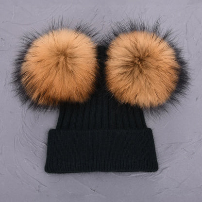 Double Fur Pompom Beanie