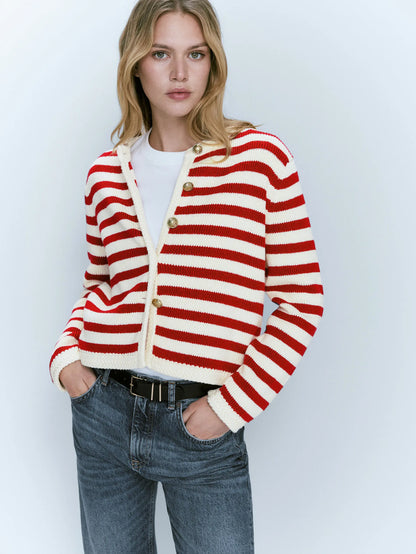 Red Striped Button Cardigan