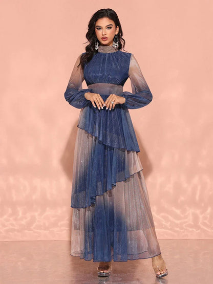 Gradient Lantern Sleeve Evening Dress