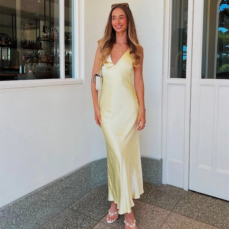 Satin V-Neck Backless Maxi Dress