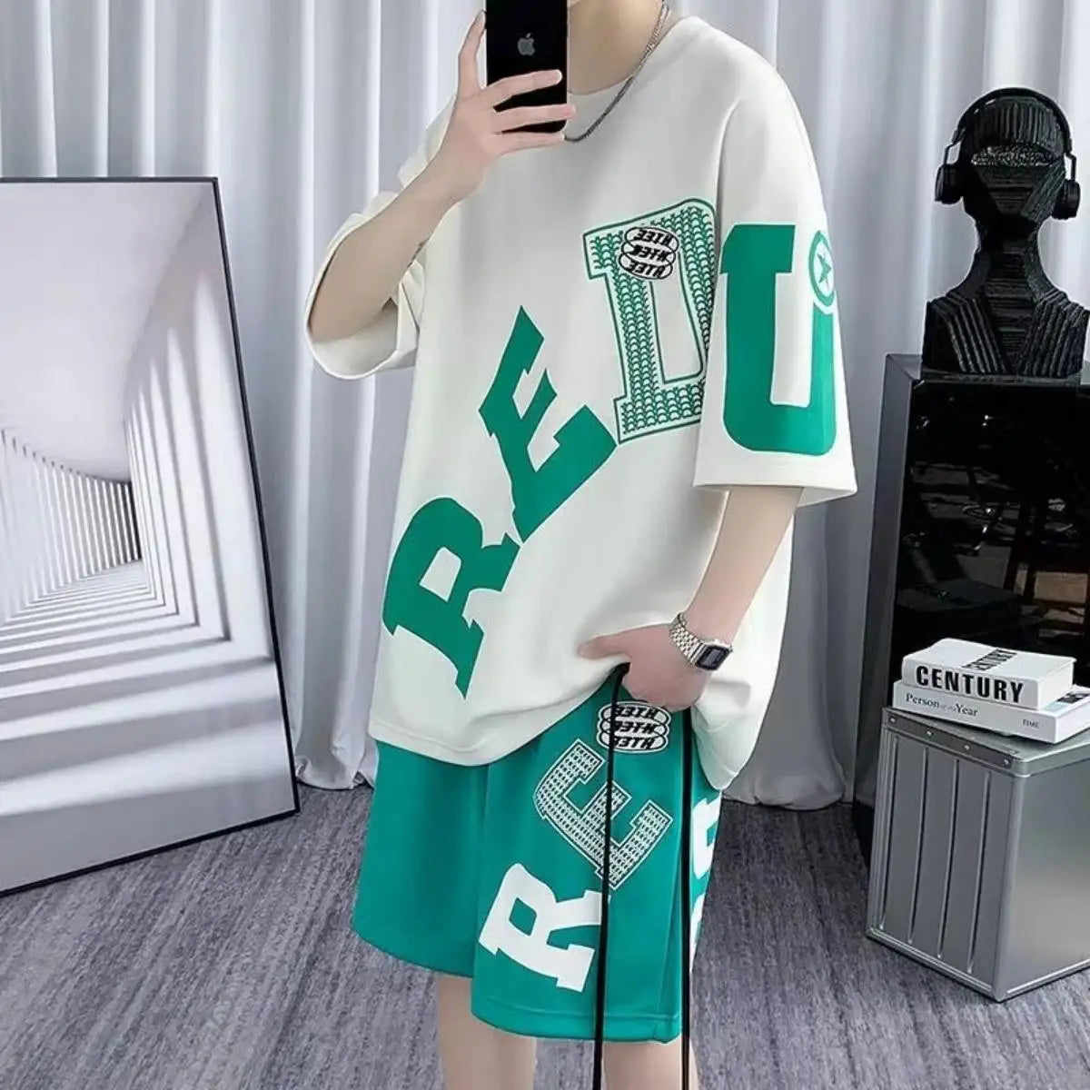 Letter Print Street Style Shorts Set