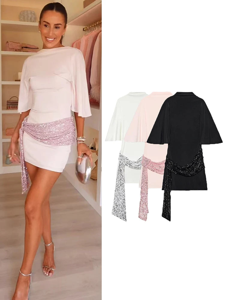 Sequin Batwing-Sleeve Mini Dress
