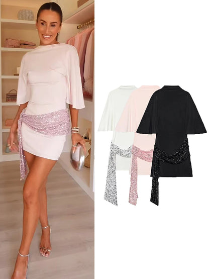 Sequin Batwing-Sleeve Mini Dress
