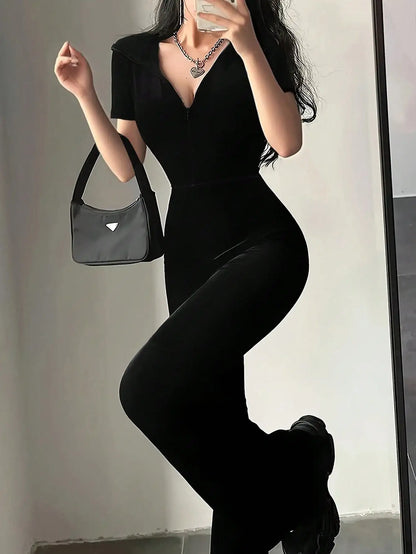 Hooded Velvet Zip-Front Jumpsuit