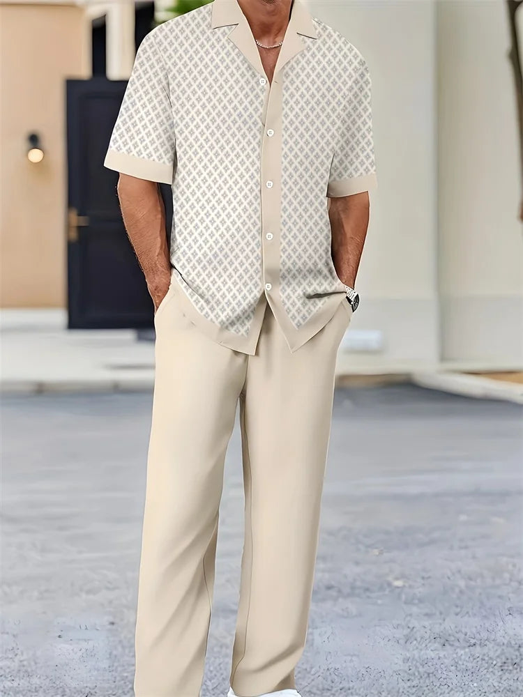Striped 3D Print Lapel Shirt Set