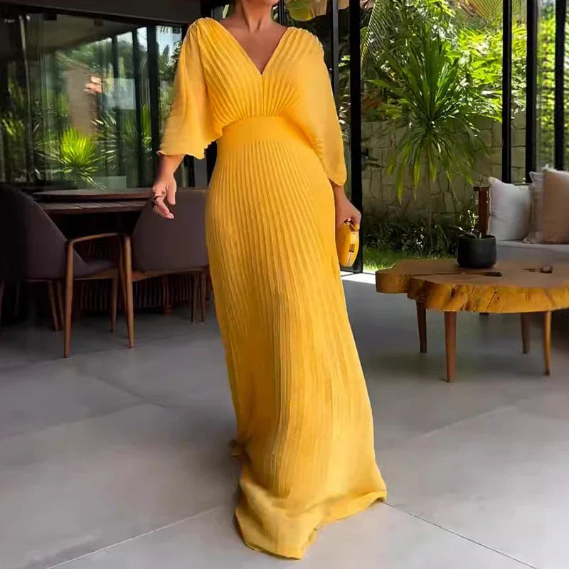 Elegant V-Neck Pleated Maxi Dress