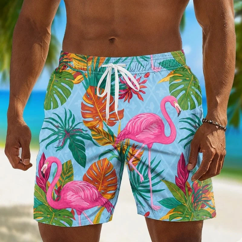 Rooster Flamingo Graphic Swim Trunks