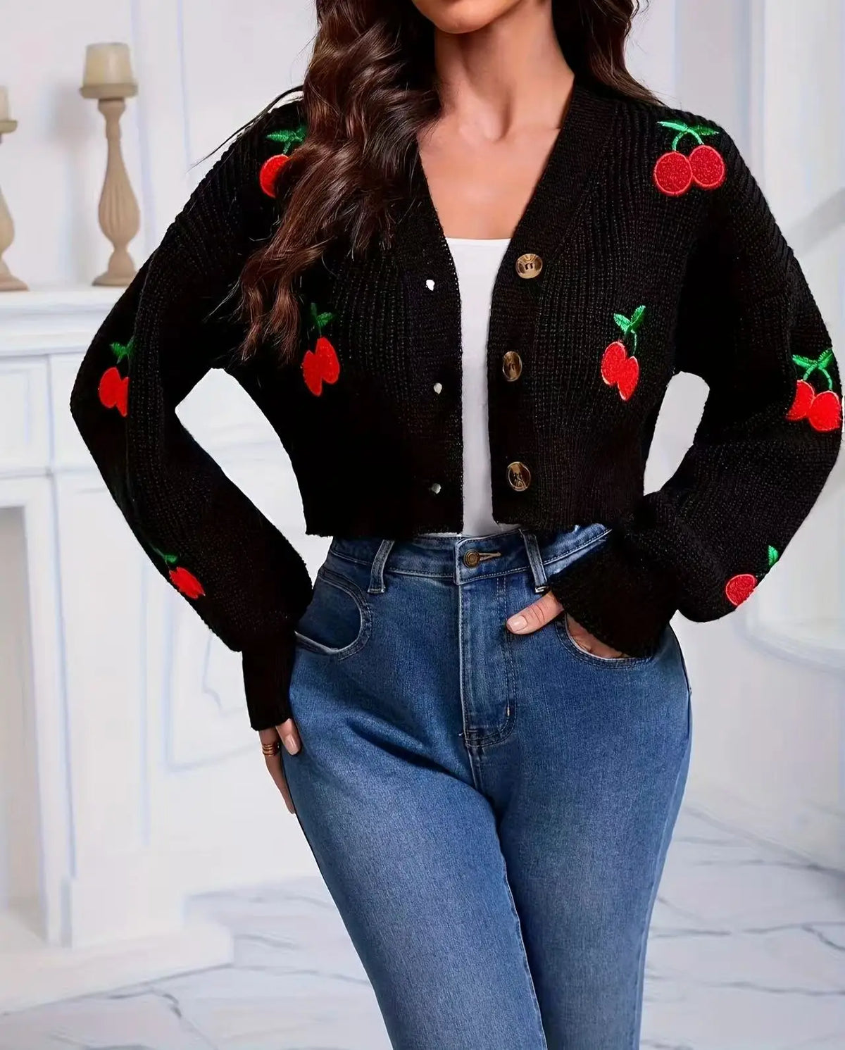 Cherry Embroidered V-Neck Cardigan
