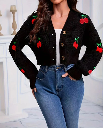 Cherry Embroidered V-Neck Cardigan