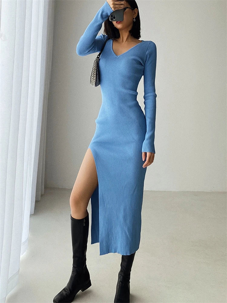 V-Neck Slit Sweater Dress