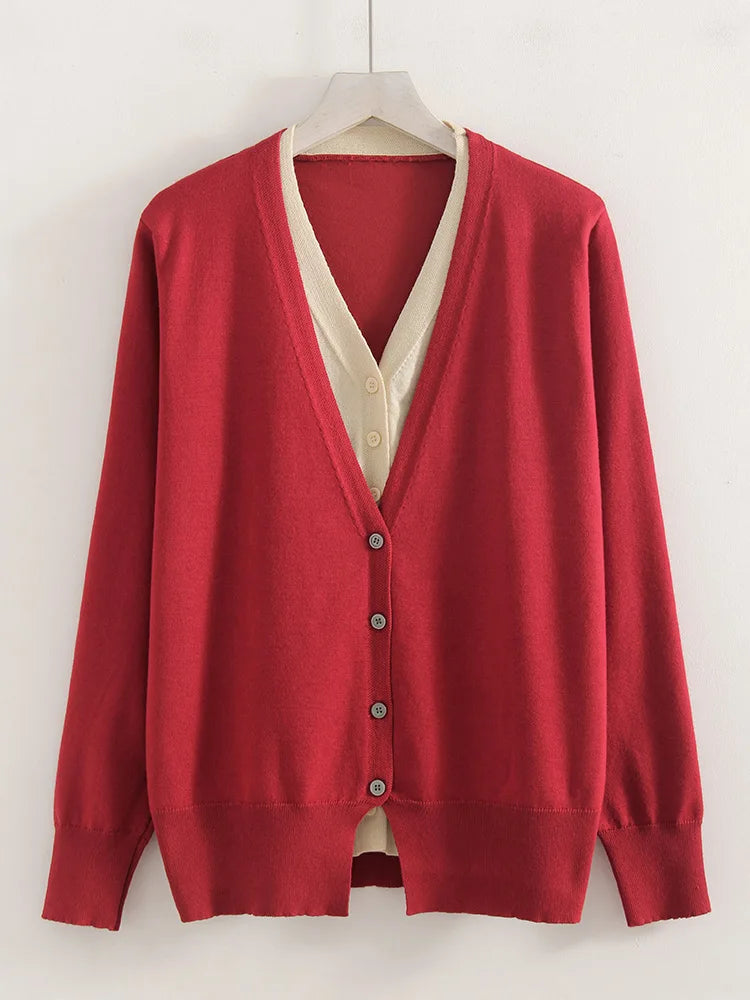 Red V-Neck Button Cardigan