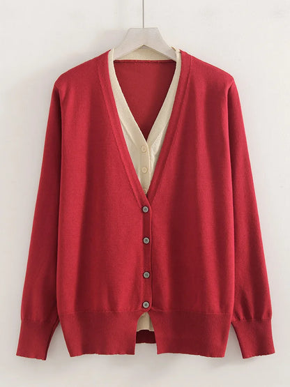 Red V-Neck Button Cardigan