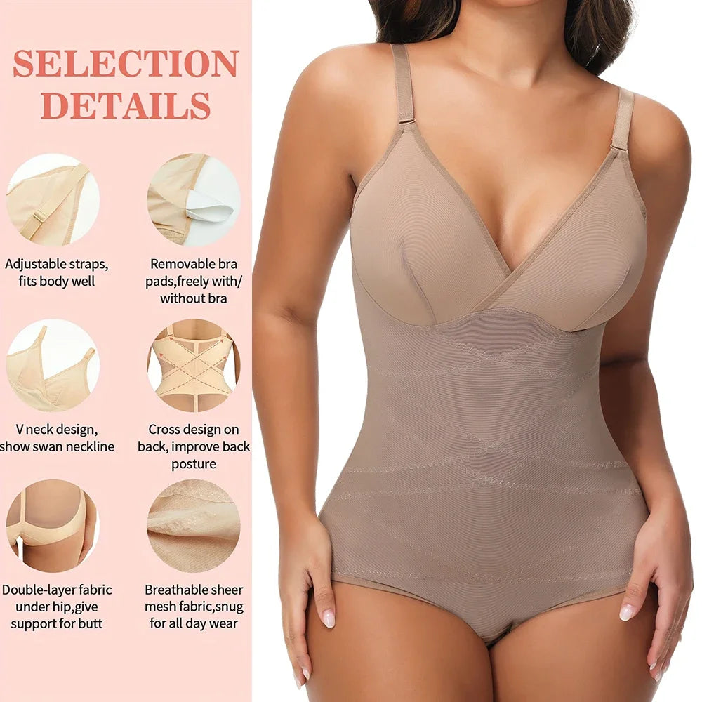 Cross-Waist Mesh Shapewear Bodysuit