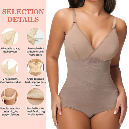 Cross-Waist Mesh Shapewear Bodysuit