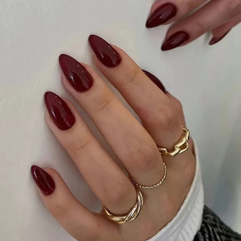 Wine Red Almond Press On Nails