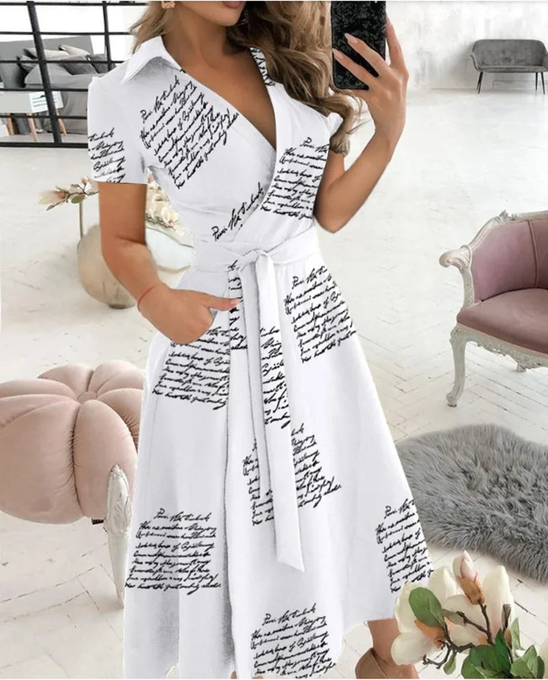 Printed V-Neck Sash Dress