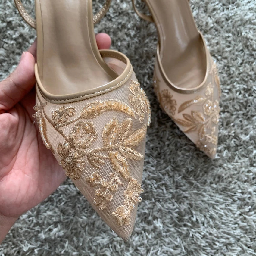 Embroidered Mesh Slingback Pumps