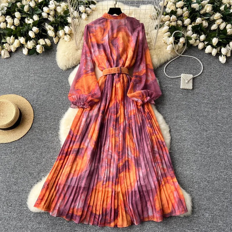 Vintage Print Chiffon Maxi Dress