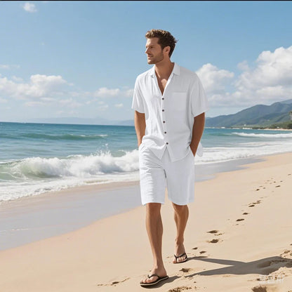 Linen Lapel Beach Shirt Shorts Set